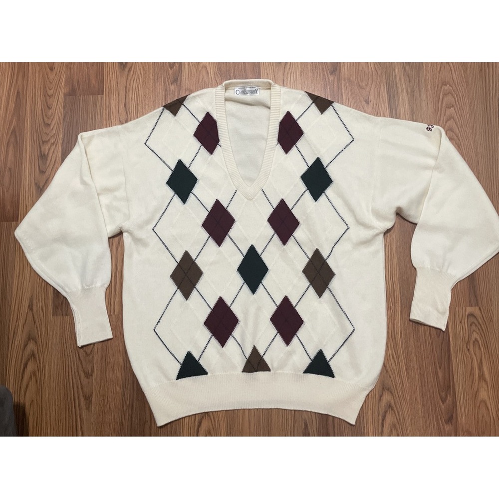 Clark & Gregory Sweater Mens XL Merino Wool Argyle V Neck Scotland